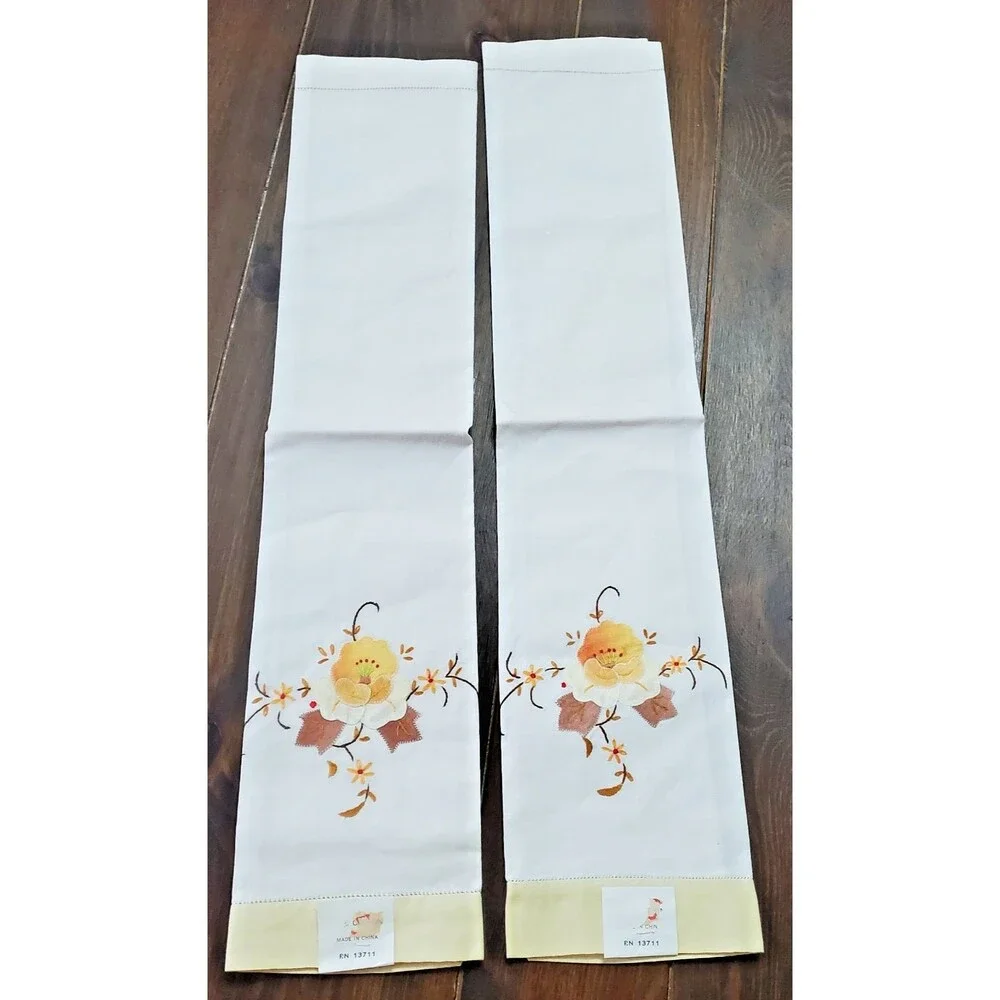 Vintage Guest Towels 2 Hand Tea Appliqué Gold Brown Flower Yellow  12x22